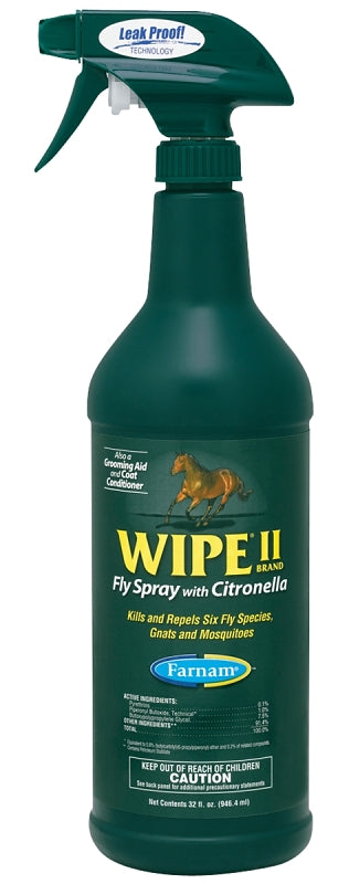 Farnam Wipe II 10140 Fly Spray, Liquid, Pale Yellow, Citronella, 32 oz Bottle