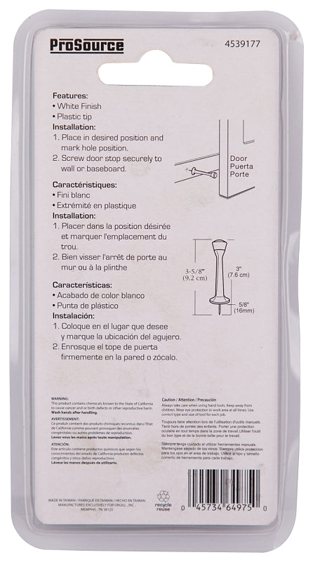 Prosource CL-208C-WH-PS Heavy-Duty Rigid Door Stop, 1 in Dia Base, 3 in Projection, Die-Cast Zinc & Plastic, White