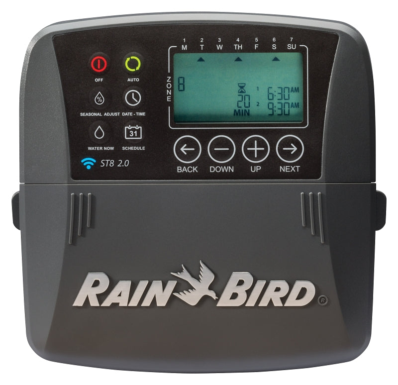 Rain Bird ST8I-2.0 Irrigation Timer, 24/120 VAC, 8 -Zone, 8 -Program, Digital Display, Wall Mounting, Gray