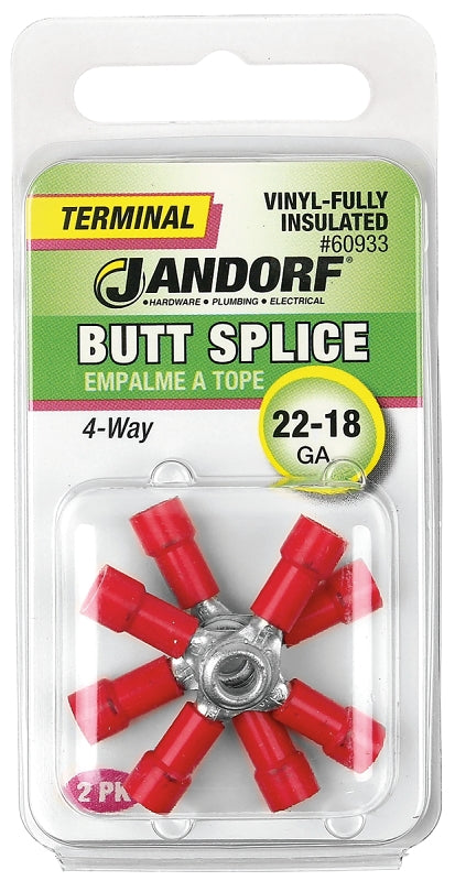 Jandorf 60933 Butt Splice Connector, 22 to 18 AWG Wire, Vinyl Insulation, Copper Contact, Red