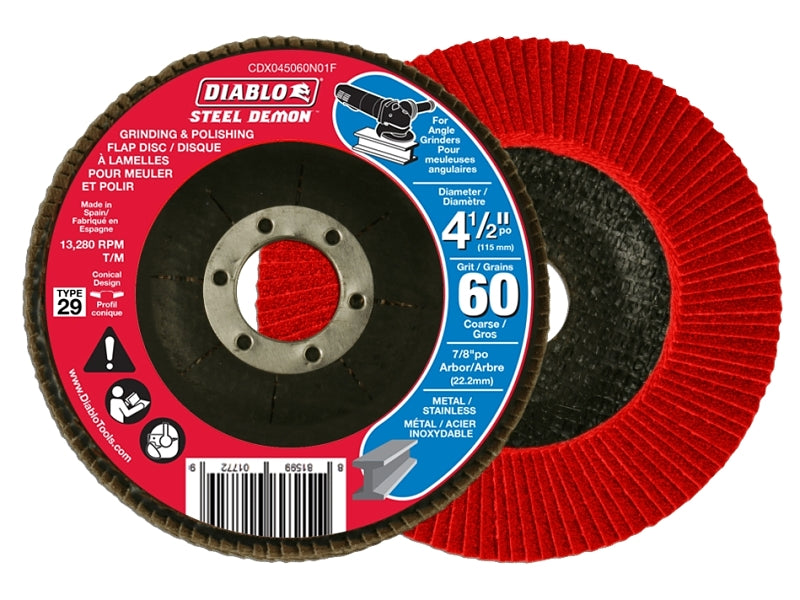 Diablo CDX045060N01F Flap Disc, 4-1/2 in Dia, 7/8 in Arbor, 60 Grit, Zirconium Abrasive