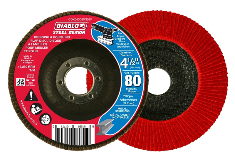 Diablo CDX045080N01F Flap Disc, 4-1/2 in Dia, 7/8 in Arbor, 80 Grit, Zirconium Abrasive