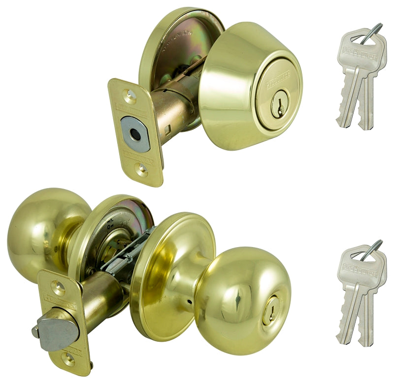 ProSource B9721BRA4F Deadbolt and Entry Lockset, Turnbutton Lock, Ball Design, Polished Brass, 3 Grade, Brass