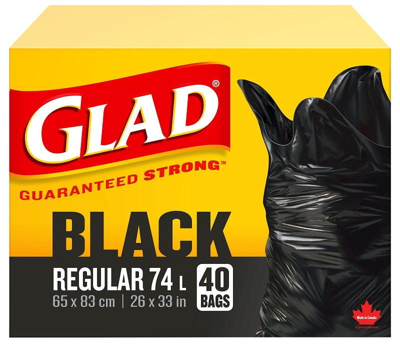 Glad Easy-Tie 11858 Garbage Bag, Regular, 67 L, Plastic, Black