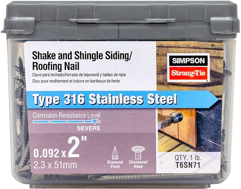 Simpson Strong-Tie T6SN71 Shake and Shingle Siding Roofing Nail, 6D Penny, 2 in L, Checkered Head, 13 ga Gauge