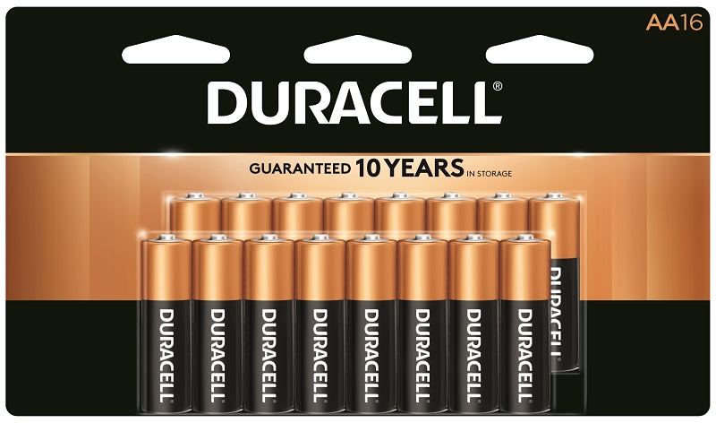 Duracell COPPERTOP MN1500 Series MN1500B16 Battery, 1.5 V Battery, AA Battery, Alkaline, Manganese Dioxide