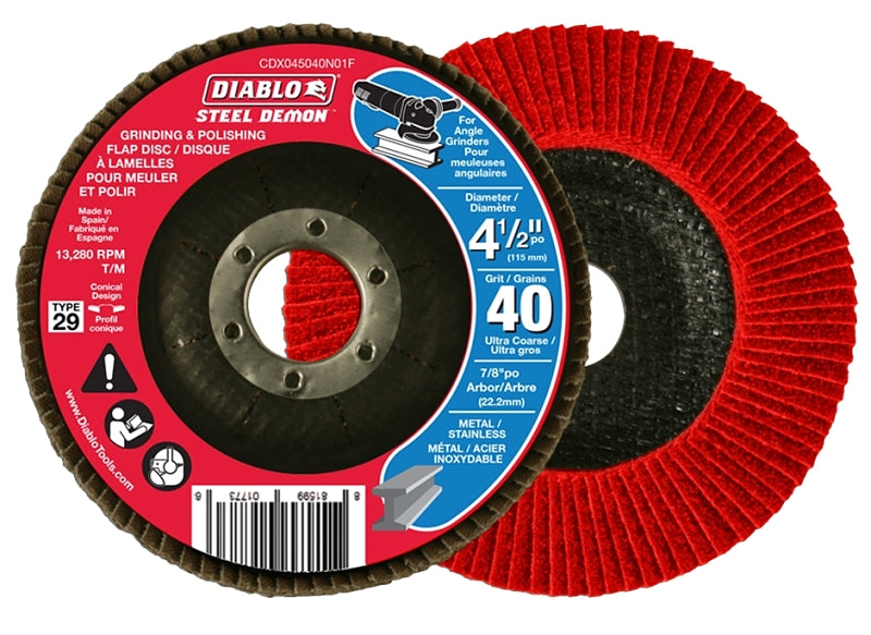 Diablo CDX045040N01F Flap Disc, 4-1/2 in Dia, 7/8 in Arbor, 40 Grit, Zirconium Abrasive