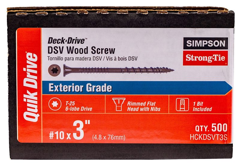 Simpson Strong-Tie Deck-Drive HCKDSVT3S DSV Wood Screw, #10 Thread, 3 in L, Rimmed Flat with Ribs Head, T25 Drive