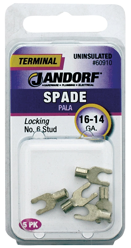 Jandorf 60910 Spade Terminal, 600 V, 16 to 14 AWG Wire, #6 Stud, Copper Contact, 5/PK