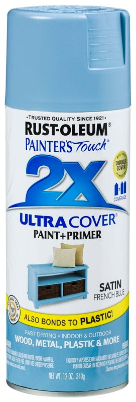 Rust-Oleum Painter's Touch 2X Ultra Cover 334088 Spray Paint, Satin, French Blue, 12 oz, Aerosol Can