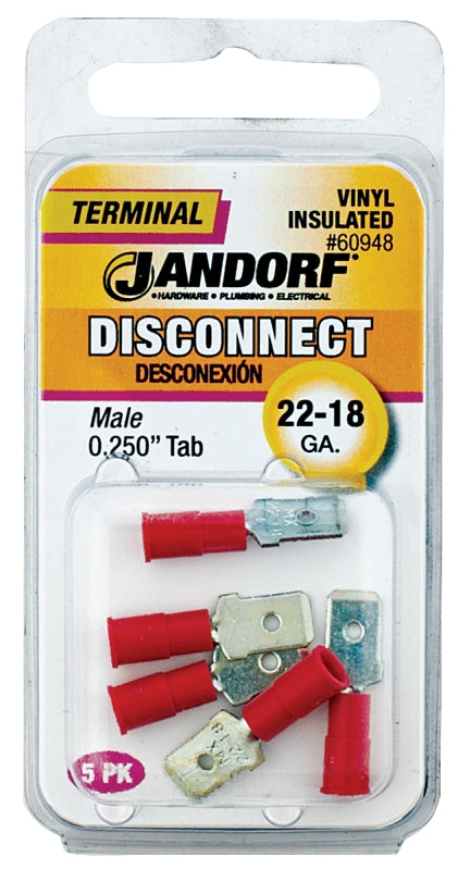 Jandorf 60948 Disconnect Terminal, 22 to 18 AWG Wire, Vinyl Insulation, Copper Contact, Red, 5/PK