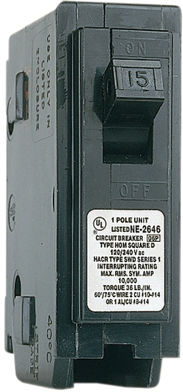 Square D Homeline HOM115CP Circuit Breaker, Mini, 15 A, 1 -Pole, 120 V, Fixed Trip, Plug Mounting, Black