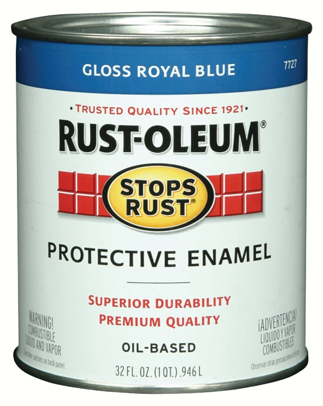 Rust-Oleum Stops Rust 7727502 Enamel Paint, Oil, Gloss, Royal Blue, 1 qt, Can, 50 to 90 sq-ft/qt Coverage Area