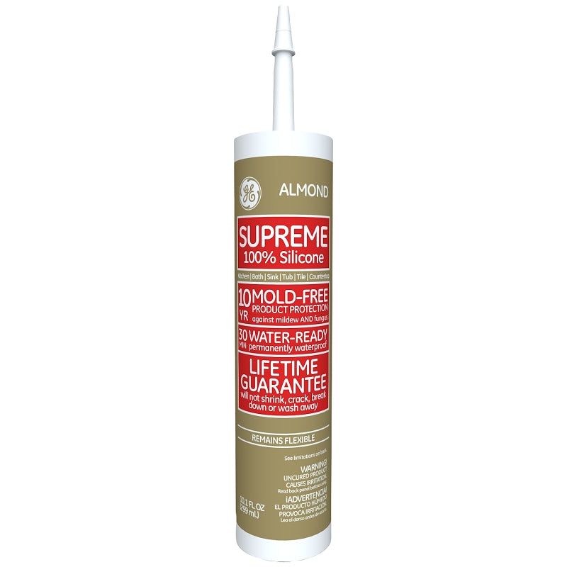 GE Supreme Silicone 2821632 Kitchen & Bath Sealant, Almond, 24 hr Curing, 10.1 fl-oz Cartridge