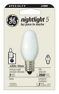 GE 27980 Night Light Bulb, 5 W, E12 Candelabra Lamp Base, C7 Lamp, White Light