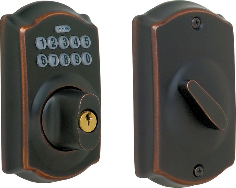 Schlage BE365VCAM716 Electronic Deadbolt, Aged Bronze, Residential, 1 Grade, Metal, Turn Piece Interior Handle