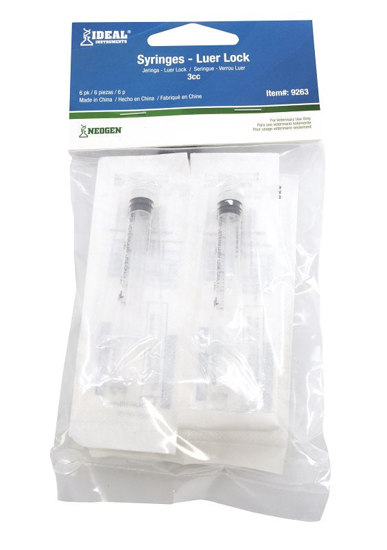 Neogen 9263 Luer Lock Syringe, 3 cc, Polypropylene, Clear, 6/PK