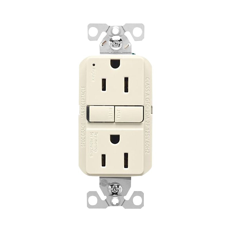Eaton GF15LA GFCI Receptacle, 125 V, 15 A, NEMA: NEMA 5-15R, Back, Side Wiring, Light Almond