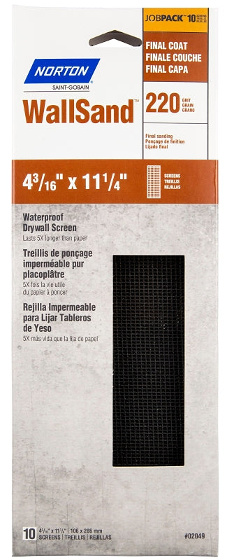 Norton 21763 Screen Sheet, 11-1/4 in L, 4-3/16 in W, 220 Grit, Very Fine, Silicone Carbide Abrasive, 10-Sheet