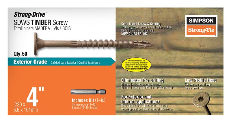 Simpson Strong-Tie Strong-Drive SDWS SDWS22400DB-R50 Timber Screw, 4 in L, Serrated Thread, Washer Head, Steel