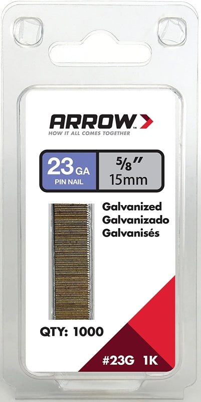 Arrow 23G15-1K Pin Nail, 5/8 in L, 23 Gauge, Galvanized Steel, Round Shank