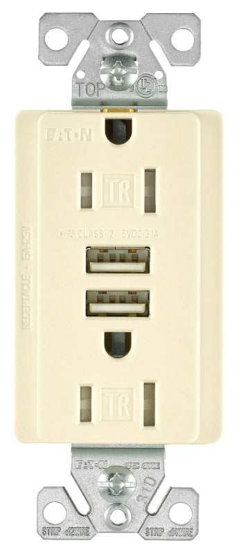Arrow Hart TR7755LA-K Combination USB Receptacle, 2 -Pole, 3.1 A USB, 15 A Receptacle, 125 VAC Receptacle, 5 VDC USB