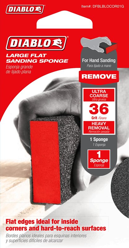 Diablo DFBLBLOCOR01G Flat Sanding Sponge, 5 in L, 3 in W, 36 Grit, Ultra Course, Aluminum Oxide Abrasive