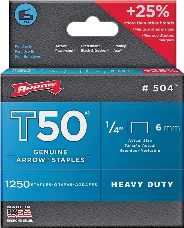 Arrow T50 Series 50424 Staple, 3/8 in W Crown, 1/4 in L Leg