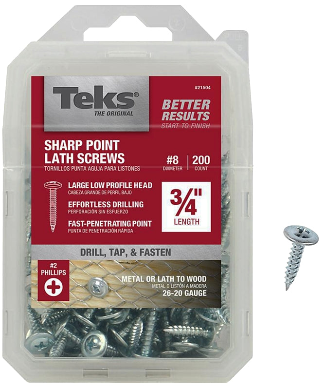 Teks 21504 Lath Screw, #8 Thread, Truss Head, Phillips Drive, Sharp Point, Steel, Zinc, 200 PK