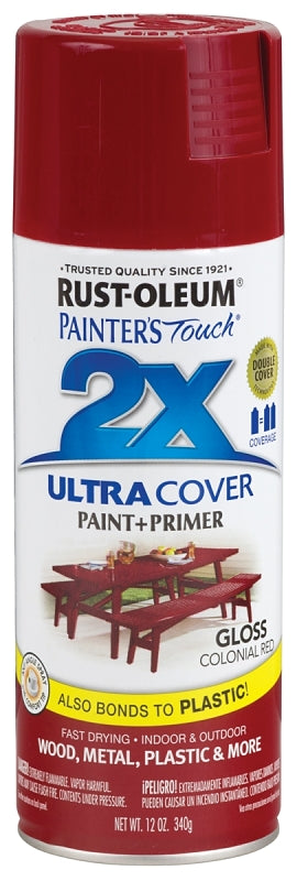 Rust-Oleum Painter's Touch 2X Ultra Cover 334030 Spray Paint, Gloss, Colonial Red, 12 oz, Aerosol Can