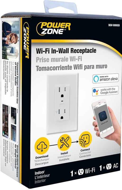 Powerzone ORWFIRC01 Wi-Fi Controlled Receptacle, 1 -Pole, 125 V, Grounded Socket, Wi-Fi, White