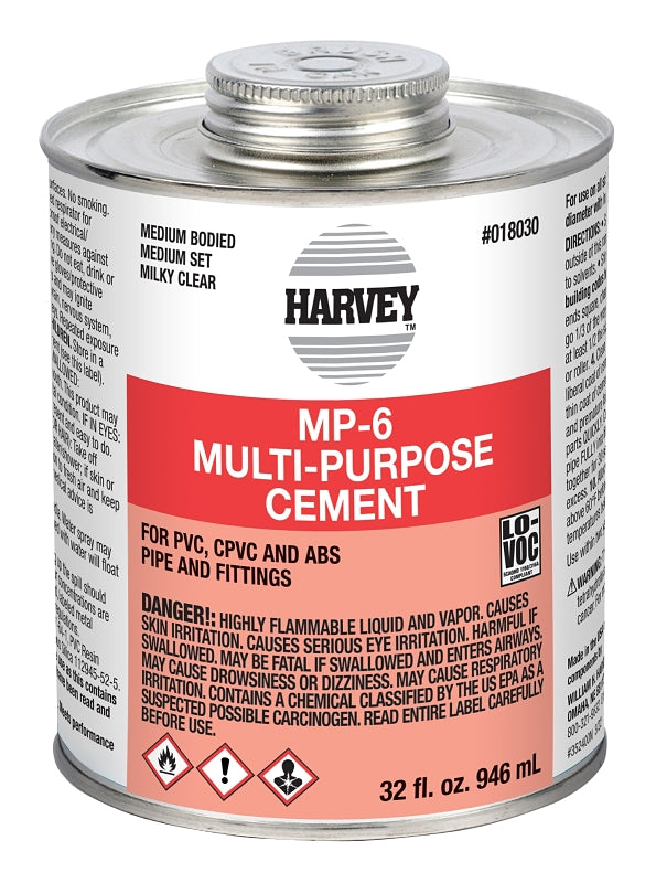 Harvey 18030-12 Solvent Cement, 32 oz Can, Liquid, Milky Clear