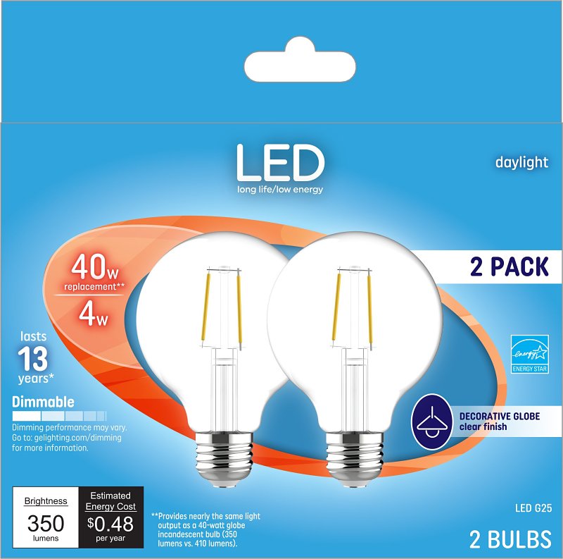 GE Industrial Solutions 28942 LED Bulb, Globe, G25 Lamp, E26 Lamp Base, Dimmable, Daylight Light