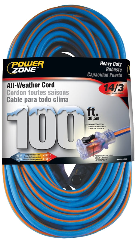 PowerZone ORC530735 Extension Cord, 14 AWG Cable, 5-15P Grounded Plug, 5-15R Grounded Receptacle, 100 ft L, 125 V