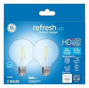 GE Refresh Series 31705 LED Light Bulb, G25 Lamp, 60 W Equivalent, E26 Medium Lamp Base, Dimmable, Clear, Daylight Light