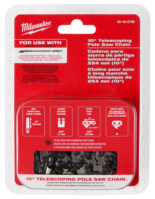 Milwaukee M18 49-16-2759 Telescoping Pole Saw Chain, 10 ft L Bar, 0.043 in Gauge, 0.325 TPI/Pitch, 46-Link