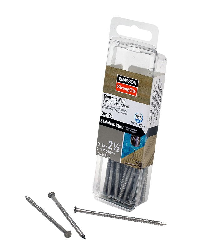 Simpson Strong-Tie T8CRD1 Deck Nail, 8d, 2-1/2 in L, Stainless Steel, Full Round Head, Annular Ring Shank