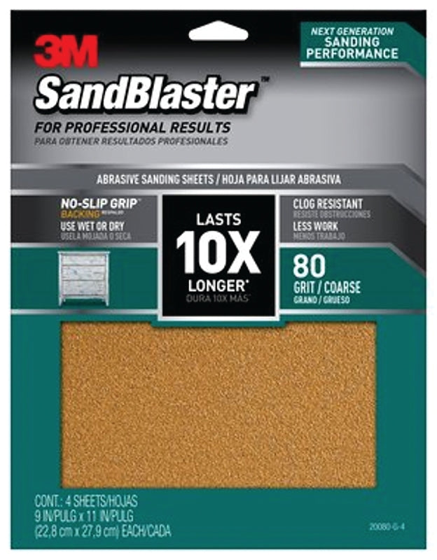 3M SandBlaster Series 20080-G-4 Sandpaper, 11 in L, 9 in W, 80 Grit, Coarse, Aluminum Oxide Abrasive