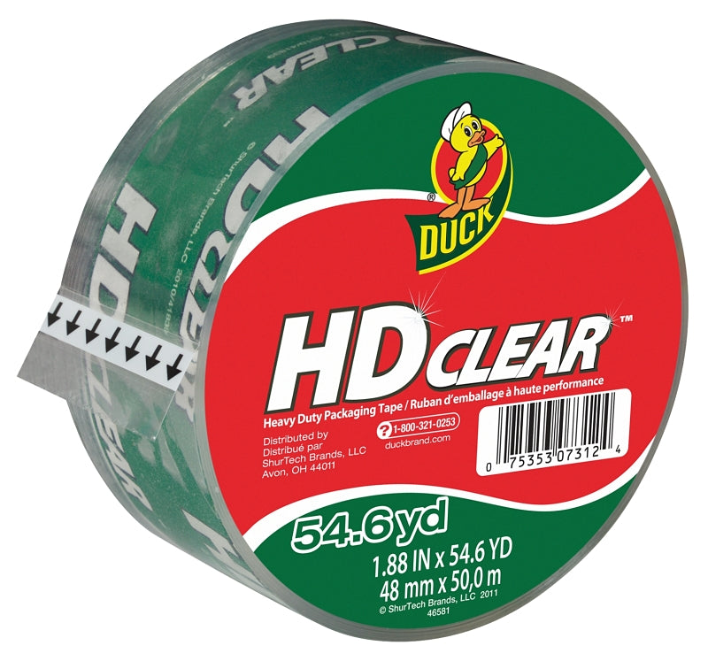 Duck HD Clear 297438 Series Packaging Tape, 54.6 yd L, Clear, 1.88 in W, 2.6 mil THK