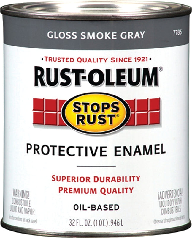 Rust-Oleum Stops Rust 7786502 Enamel Paint, Oil, Gloss, Smoke Gray, 1 qt, Can, 50 to 90 sq-ft/qt Coverage Area