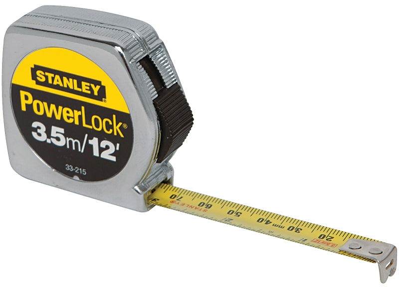 Stanley 33-215 Measuring Tape, 12 ft L Blade, 1/2 in W Blade, Steel Blade, Die-Cast Metal Case, Chrome Case