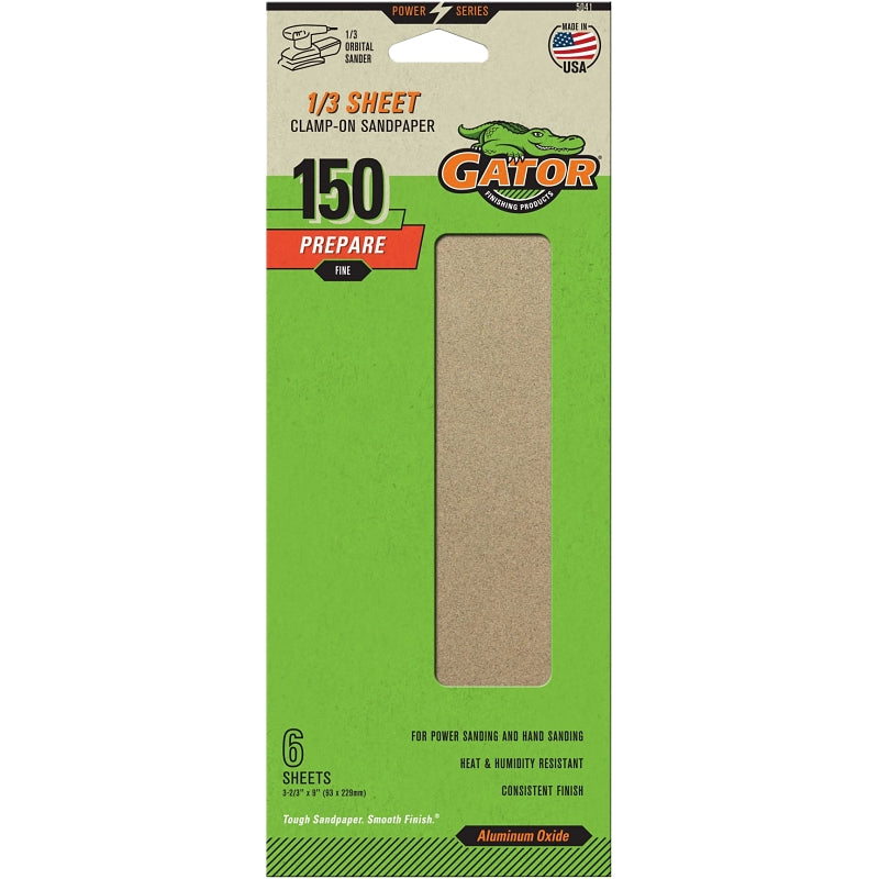 Gator 5041 Sanding Sheet, 3-2/3 in W, 9 in L, 150 Grit, Fine, Aluminum Oxide Abrasive, Paper Backing