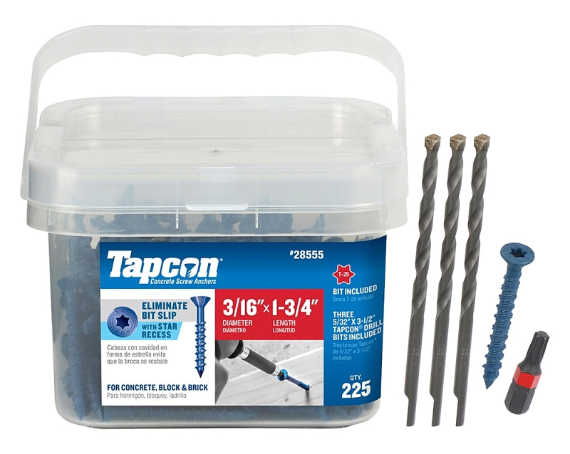 Buildex Tapcon 28555 Concrete Screw Anchor, 3/16 in Dia, 1-3/4 in L, Steel, Climaseal, 225/PK