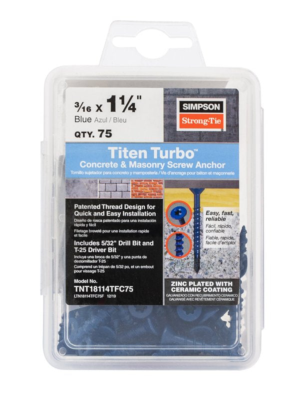 Simpson Strong-Tie Titen Turbo TNT18114TFC75 Screw Anchor, 3/16 in Dia, 1-1/4 in L, Carbon Steel, Zinc Plated