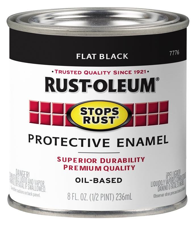 Rust-Oleum Stops Rust 7776730 Enamel Paint, Oil, Flat, Black, 0.5 pt, Can, 50 to 110 sq-ft/qt Coverage Area