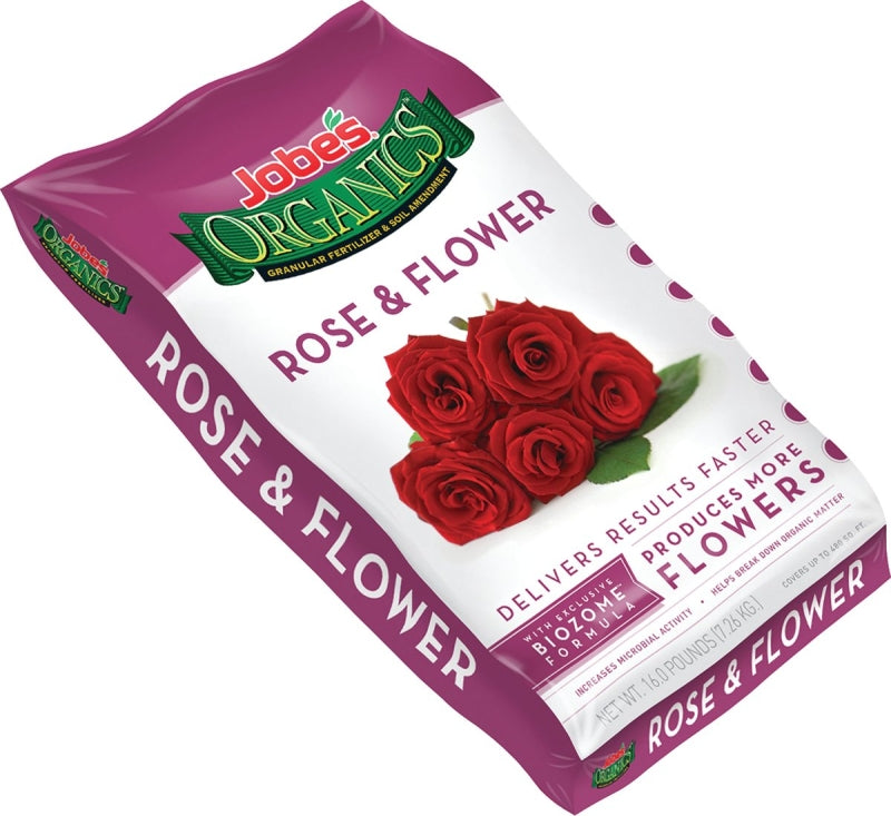 Jobes 09423 Rose and Flower Organic Plant Food Fertilizer with Biozome, 16 lb, Granular, 3-4-3 N-P-K Ratio