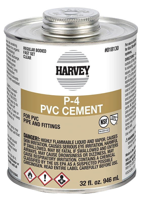 Harvey 18130-12 Solvent Cement, 32 oz Can, Liquid, Clear