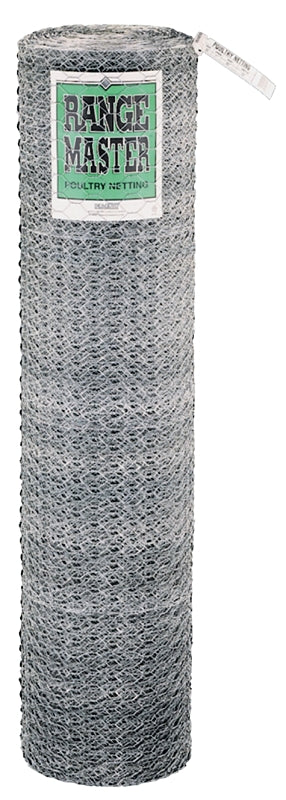 Rangemaster 5938 Poultry Net, 50 ft L, 60 in W, 20 Gauge, Hexagonal Mesh, 1 in Mesh, Galvanized Steel