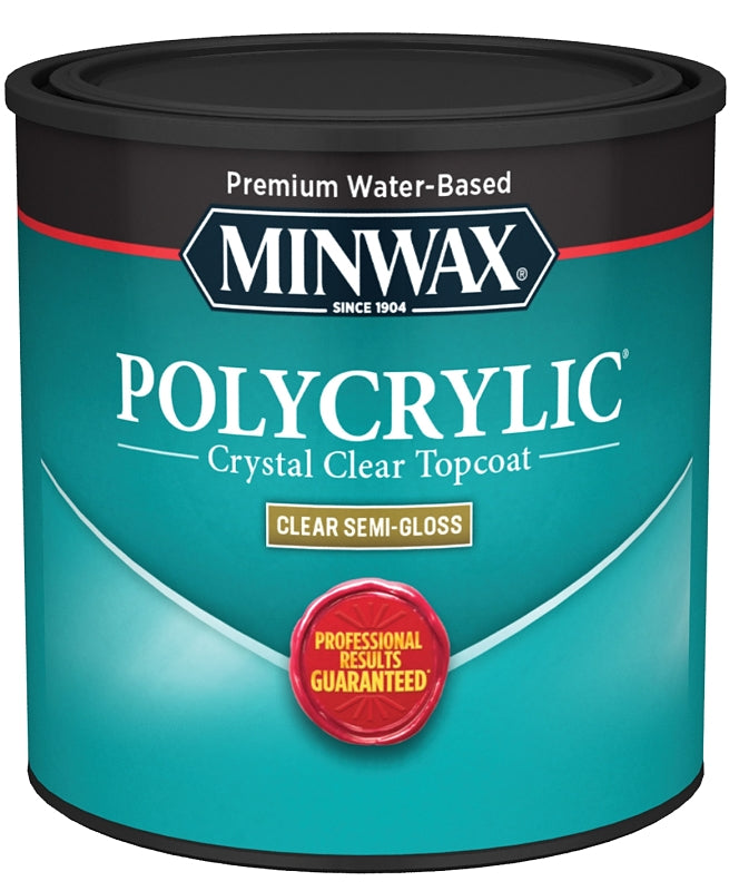 Minwax Polycrylic 244444444 Waterbased Polyurethane, Semi-Gloss, Liquid, Crystal Clear, 0.5 pt, Can