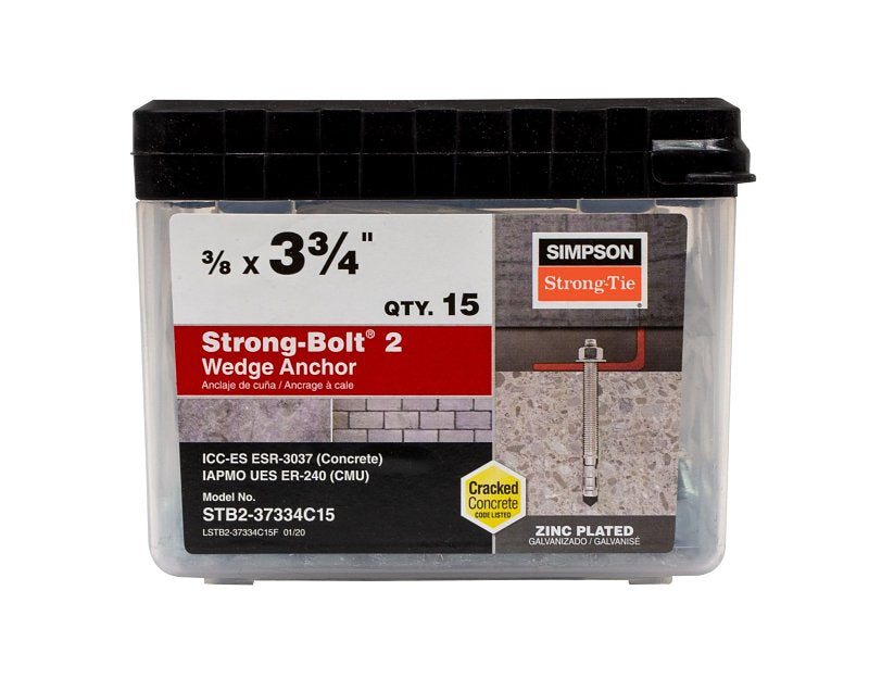 Simpson Strong-Tie Strong-Bolt 2 STB2-37334C15 Wedge Anchor, 3/8 in Dia, 3-3/4 in L, Carbon Steel, Zinc Plated